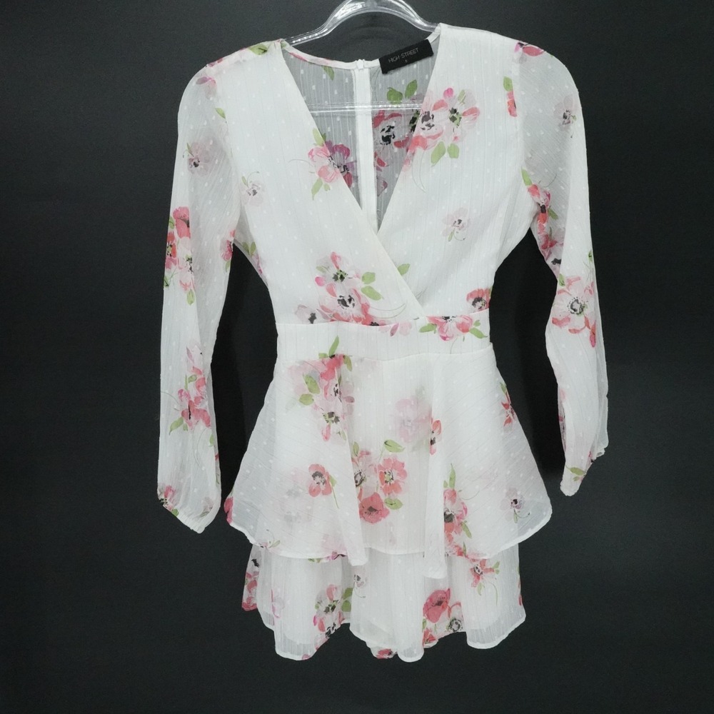 High Street Romper‎ Womens Small White Floral Long Sleeve Peplum Boho Spring